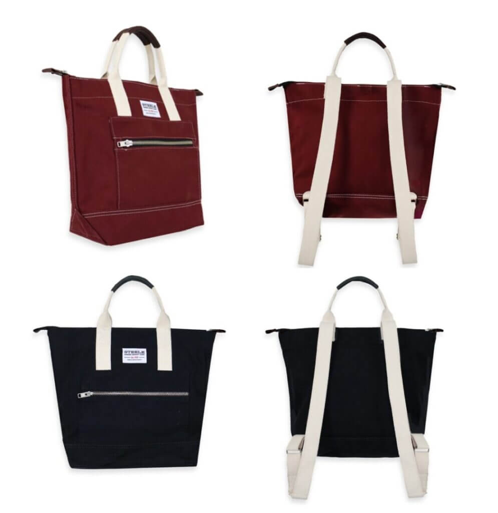 Burgundy and black tote bags with cream straps